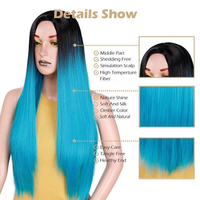 Ombre Blue Green Straight Long Synthetic Wigs For Women Black Pink Wigs 24 inch can be Cosplay Wigs Heat Resistant  I's a wig