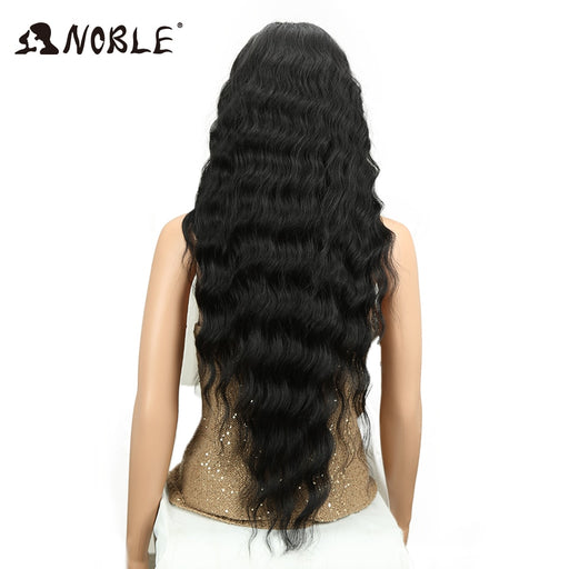 Noble Long Black Wig Deep Wave High Temperature Fiber Middle Part 30 Inch 150% Heavy Density Lace Front Synthetic Wigs For Women