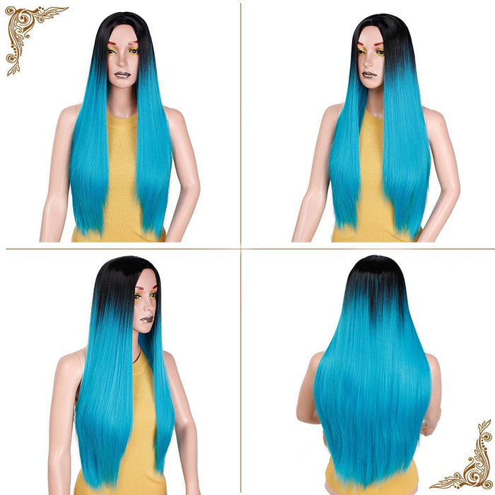 Ombre Blue Green Straight Long Synthetic Wigs For Women Black Pink Wigs 24 inch can be Cosplay Wigs Heat Resistant  I's a wig