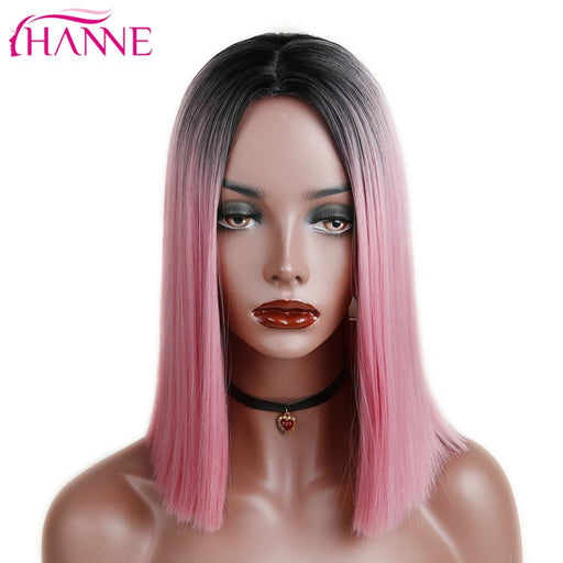 HANNE Ombre Pink/Brown/Grey Straight Shoulder Longth Synthetic Wigs Heat Resistant Hair For Black/White Women Cosplay Or Party