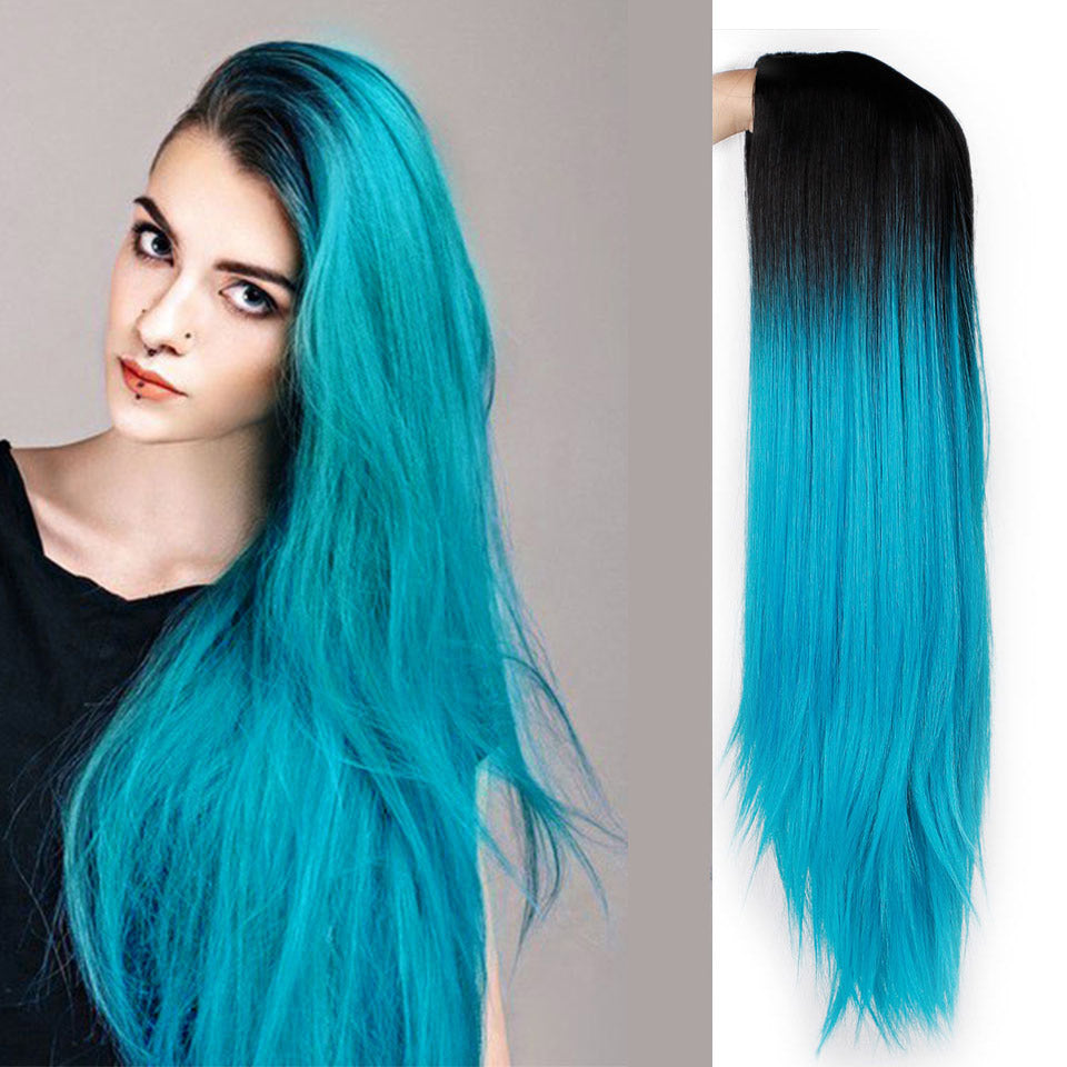 Ombre Blue Green Straight Long Synthetic Wigs For Women Black Pink Wigs 24 inch can be Cosplay Wigs Heat Resistant  I's a wig