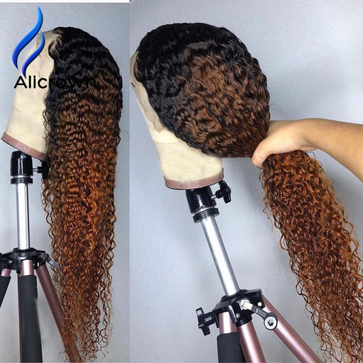 ALICROWN Ombre Curly Lace Front Human Hair Wigs with Baby Hair 13*4 Middle Ration Non-Remy Hair Lace Wigs Pre-Plucked Wigs