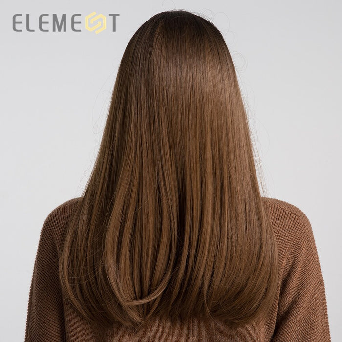 Element 18" Long Synthetic Wig with Bangs Dark Root Ombre Color Natural Headline Heat Resistant Hair Wigs for Women