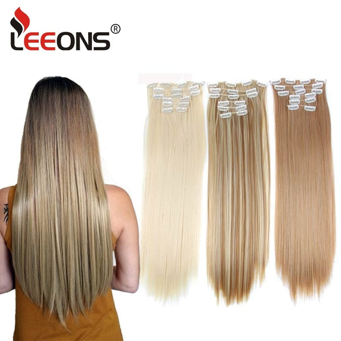 Leeons 16 colors 16 clips Long Straight Synthetic Hair Extensions Clips in High Temperature Fiber Black Brown Hairpiece